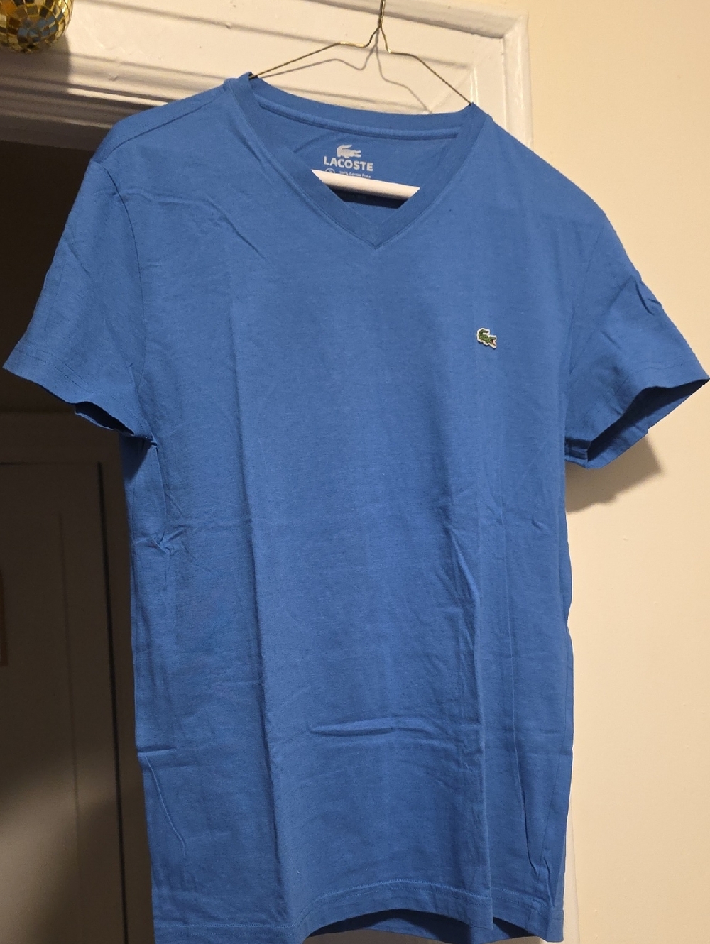 Lacoste Men's V-Neck Tee in Blue with Crocodile Patch